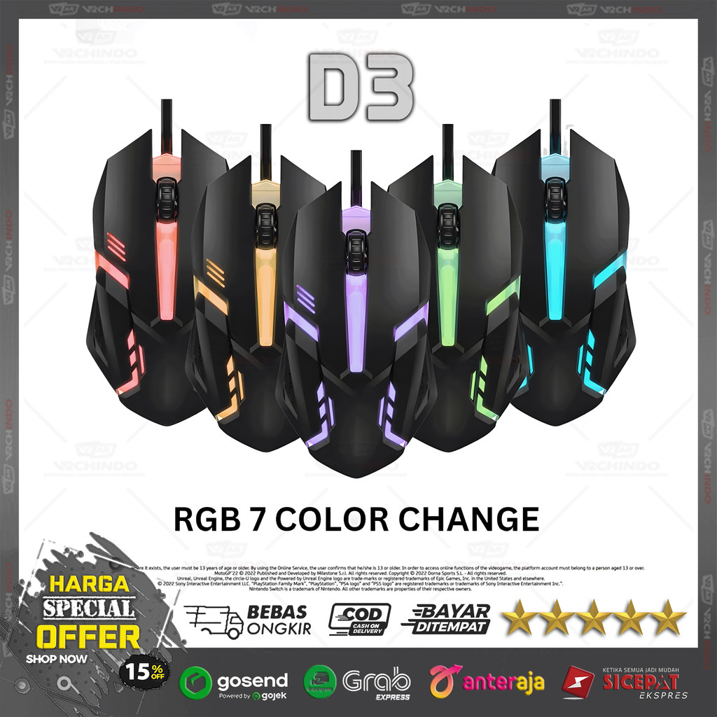 Mouse USB / Mouse Gaming / Mouse RGB D3 LED 1000 DPI Kabel Panjang Stabil untuk PC Laptop Premium 
