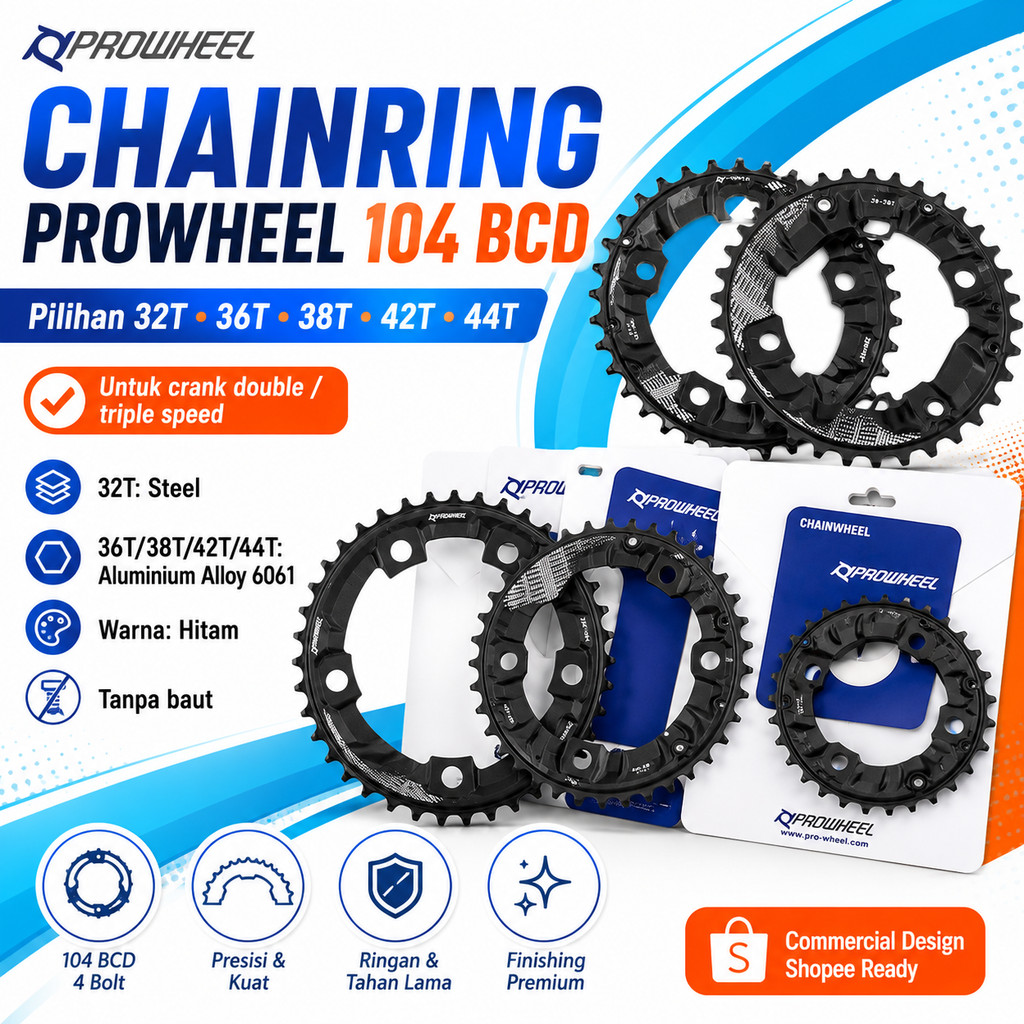 Chainring Prowheel 36T 38T 42T 32T 104 BCD 44T BCD untuk double Triple chainring sepeda 104BCD