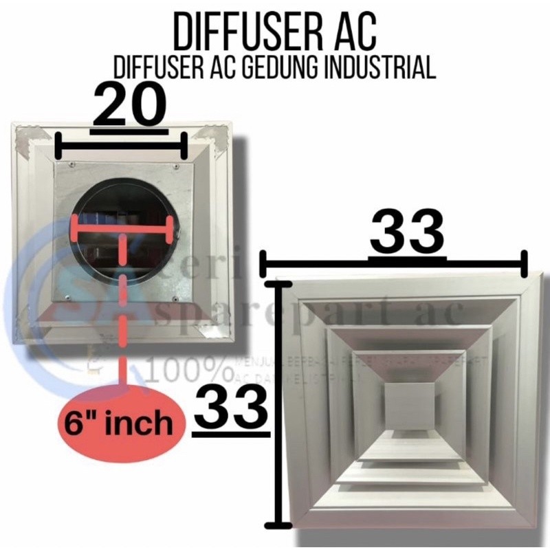 Difuser grill AC  ducting ac 33x33cm ukuran luar + cerobong 6inch diffuser grill ducting ac