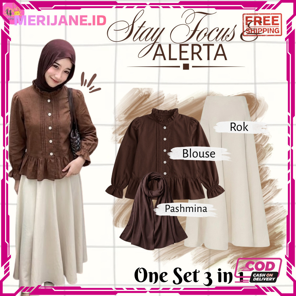 Setelan OneSet 3 in 1 Blouse Elora & Rok Payung Kekinian (Blouse Elora + Rok Payung + Pashmina) Kore
