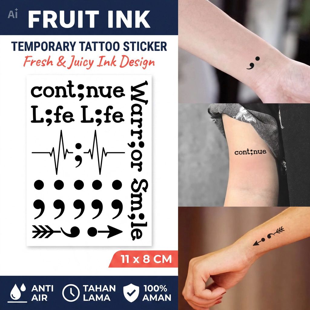 SEMICOLON Fruit Ink Semi Permanent Tattoo - Tato Wudhu Friendly Tahan 15 Hari Ukuran 11x8cm