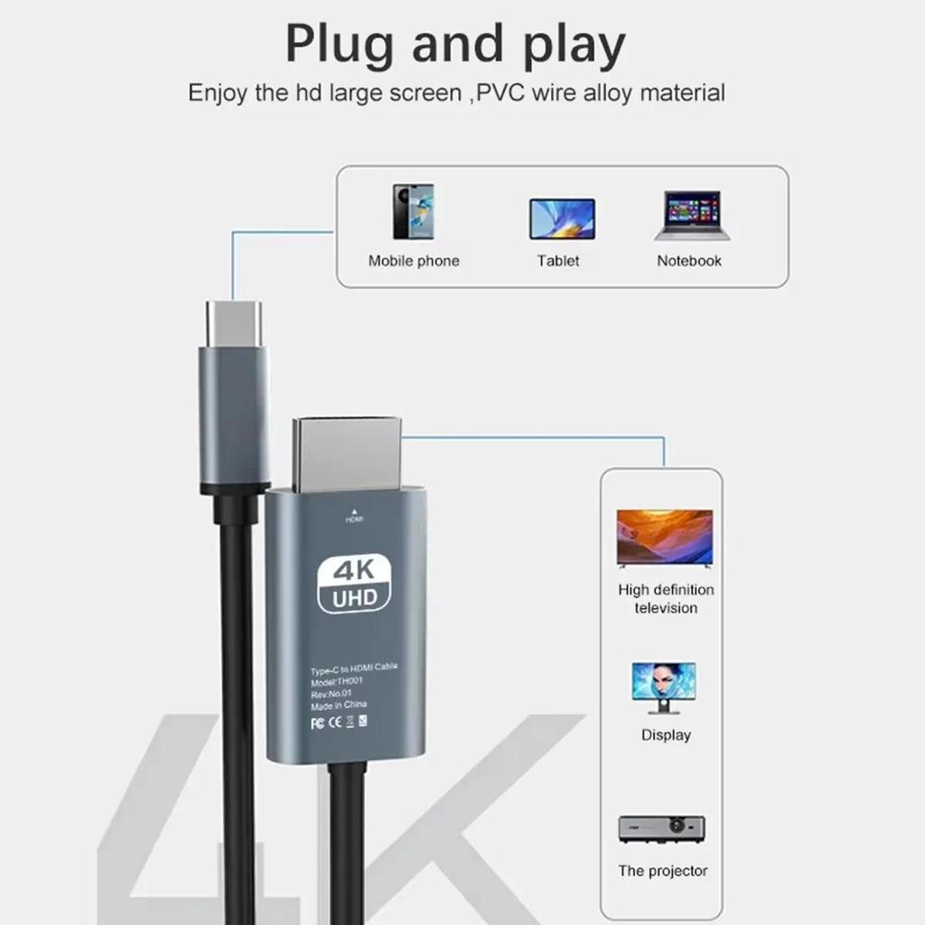 Kabel USB-C ke HDMI 4K 60Hz 2M, Kabel Tipe C ke HDTV untuk Mirroring Layar Ponsel, Kabel Video Berja