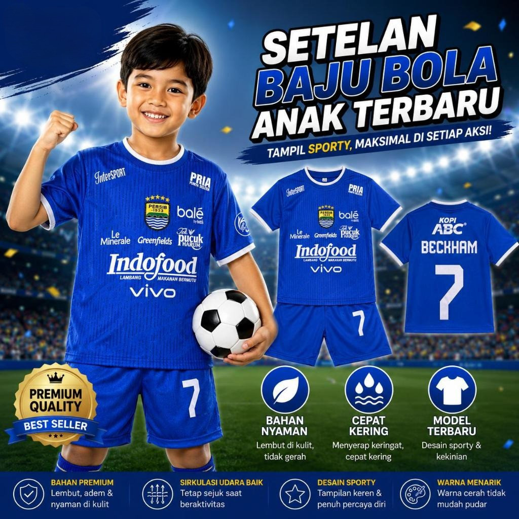 COD / SETELAN BAJU BOLA ANAK TERBARU PERSIB BIRU DAVID BECKHAM / STELAN JERSEY FUTSAL MURAH / SET KA