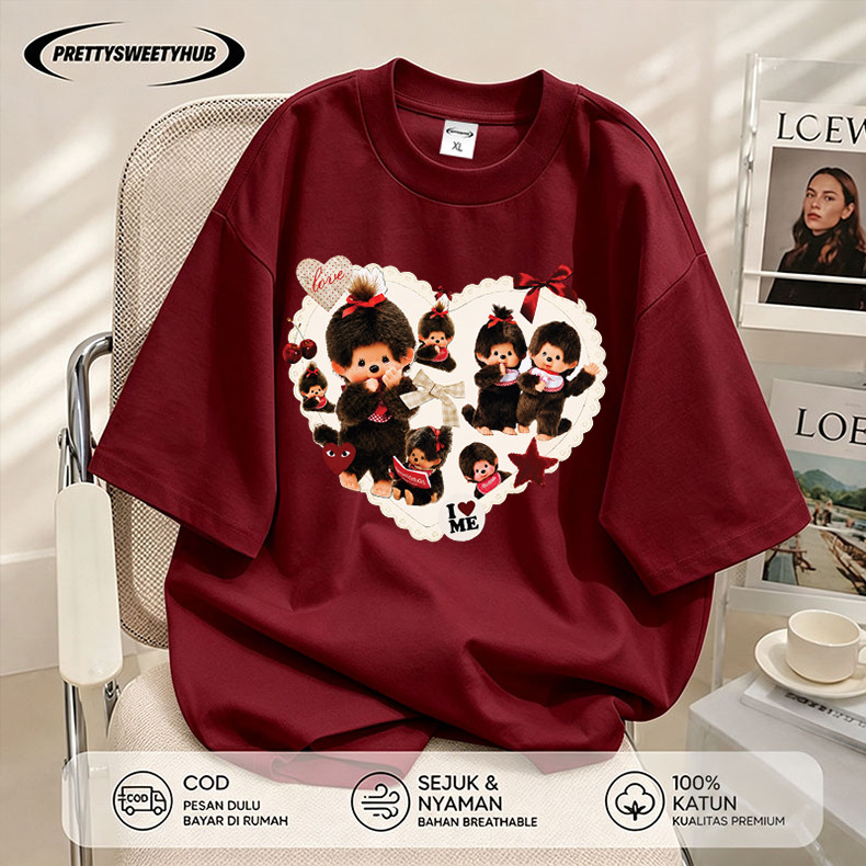 Pretty Sweety Hub - Kaos Wanita Loose Fit Lengan Pendek Motif Love Monchhichi Cute Korean Style Katu