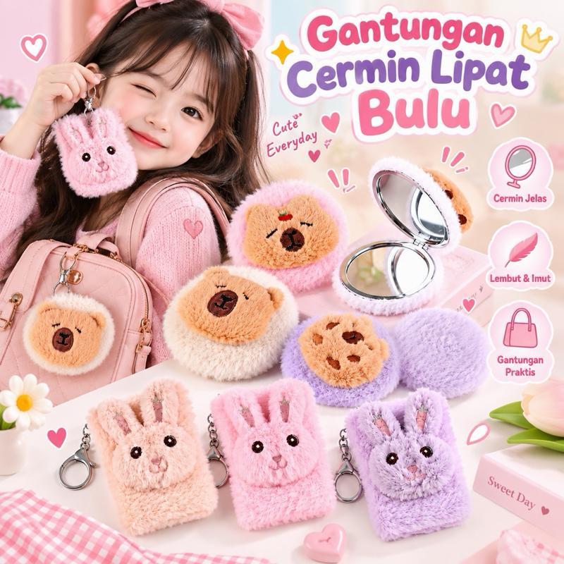 Cermin Lipat Bulu Karakter Lucu Kaca Rias Mini Portable Saku Travel Touch Up Makeup Kaca 2 Sisi Aest