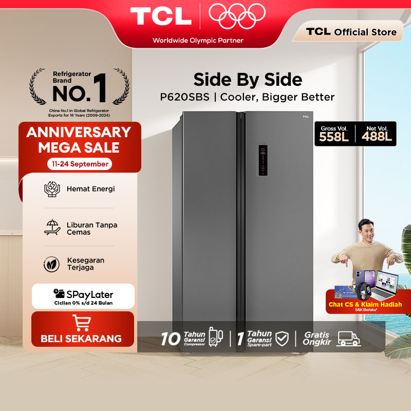 TCL Kulkas 2 Pintu Side by Side - Kapasitas 558L - Holiday Mode - Twin Eco Inverter - AAT Gen 2 Natu