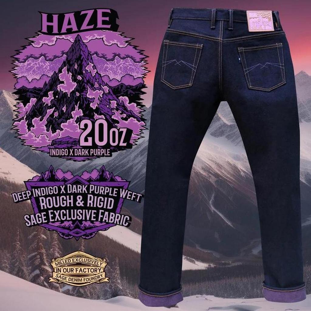 Celana Pria 20oz Purple Weft - 28 Jeans Panjang dengan Kain Exclusive Sage Haze Indigo x Dark Purple