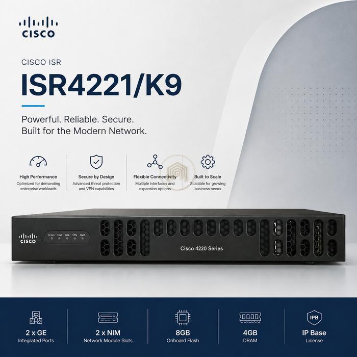 Cisco ISR4221/K9 ISR 4000 Series Integrated Services Router 2GE 2NIM 8GB Flash 4GB DRAM Enterprise R