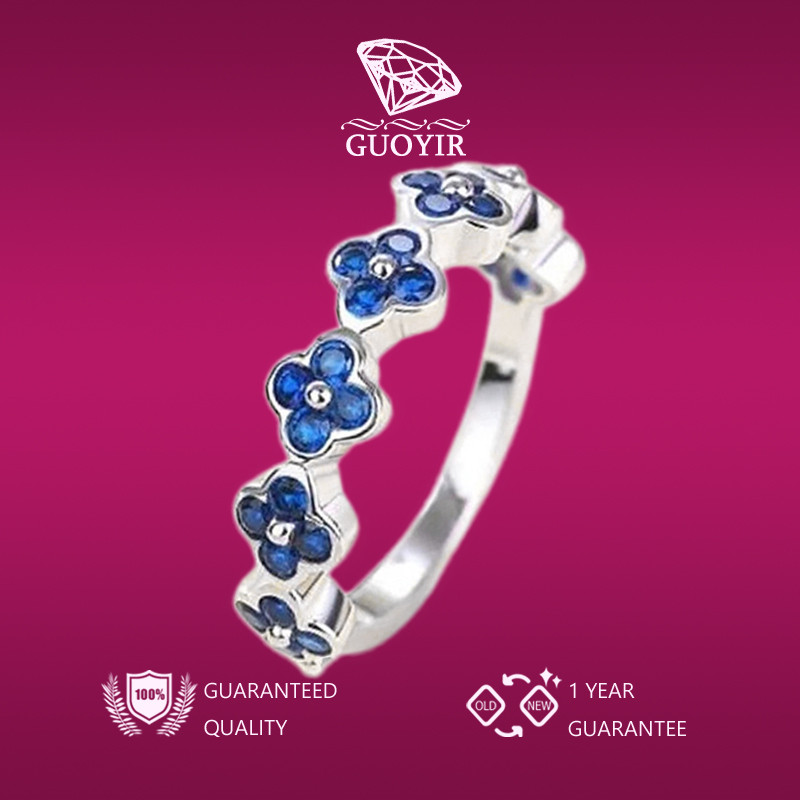 GUOYIR Cincin Bunga Zirkonia Biru Vintage Chic