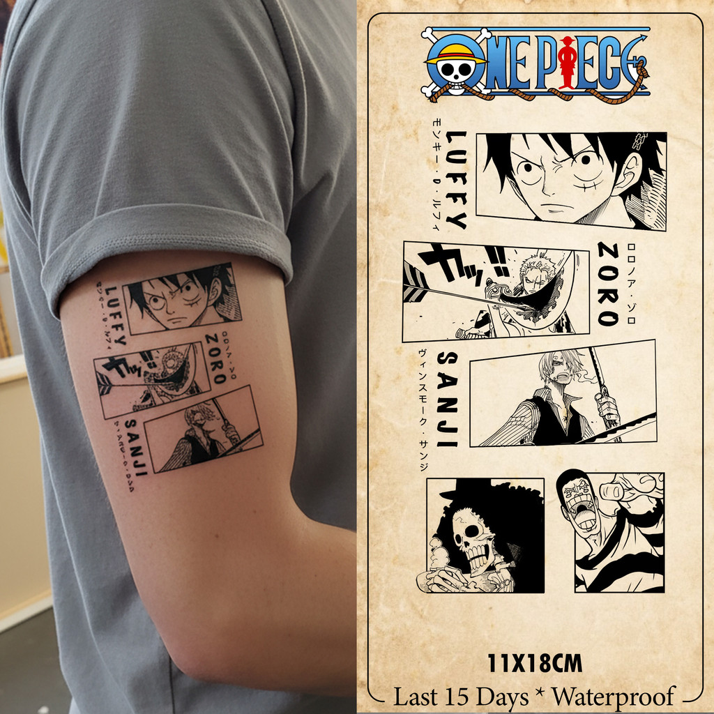 Stiker Tato One Piece 18x11cm – Desain Manga Luffy Zoro Sanji Brook – Tato Temporer Anime Waterproof