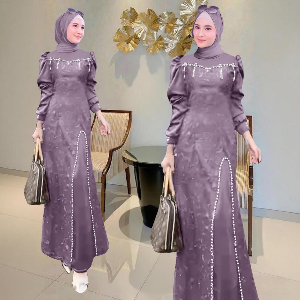 [Padu Dress] Gamis Muslim Brokat Jumbo Warna Mauve Lavender – Elegan untuk Pesta, Kondangan & Lebara