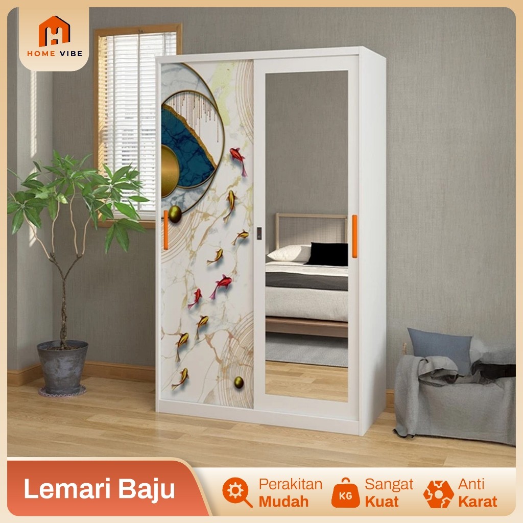 Lemari Besi Pakaian Sliding 2 Pintu Lemari Baju Dengan Kaca Minimalis Lemari Besi Pintu Geser