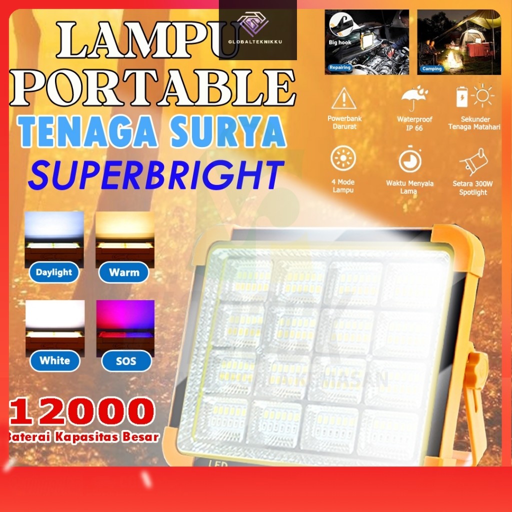 Lampu LED Solar Emergency 1500W-2000W Portable/ Lampu Emergensi Surya Outdoor Super Terang Powerbank