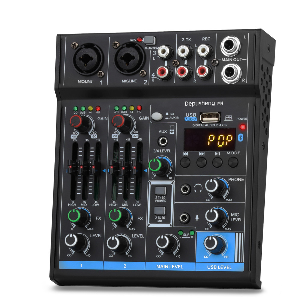 Audio Mixer Depusheng M4 4-Channels Mini Sound Mixing Console Bluetooth USB Record Computer 5V Repae