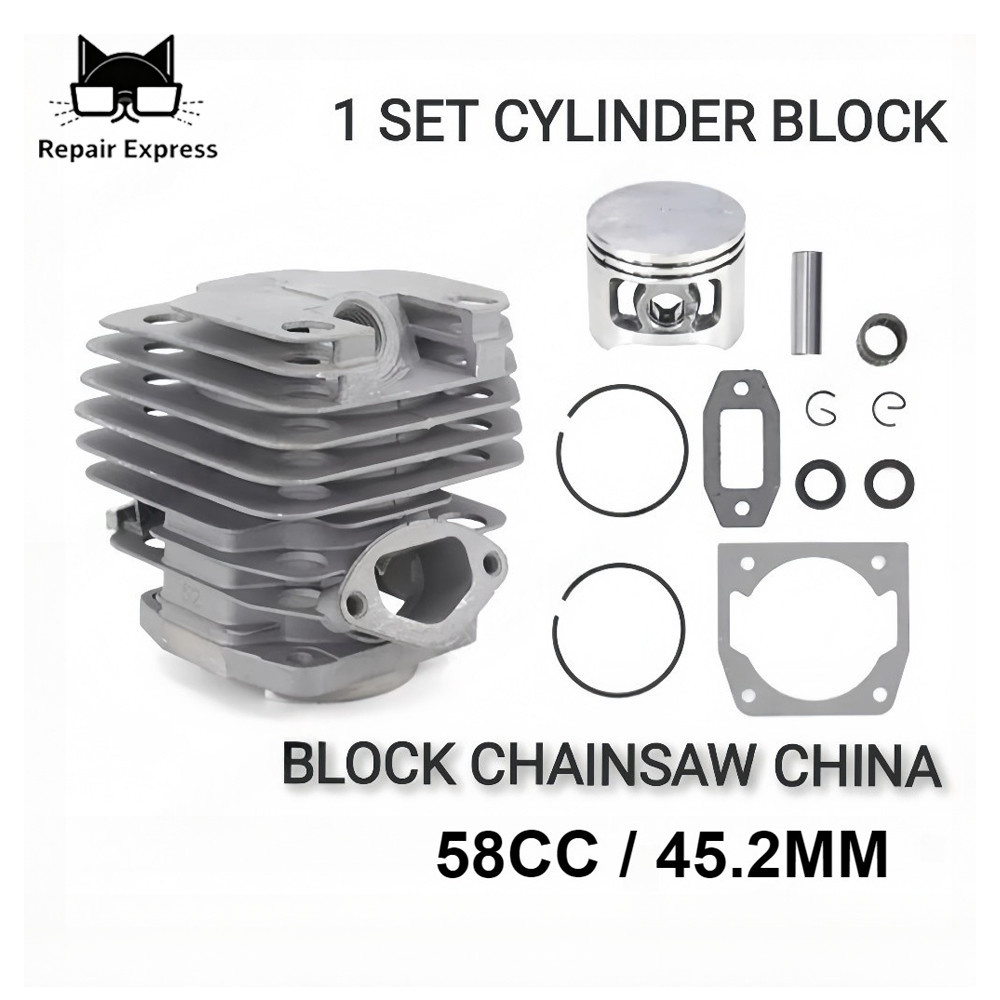 Cylinder Block Assy Komplit Blok Chainsaw 58Cc/52Cc+Paking Kop Diameter 45.2Mm Chainsaw Komplit