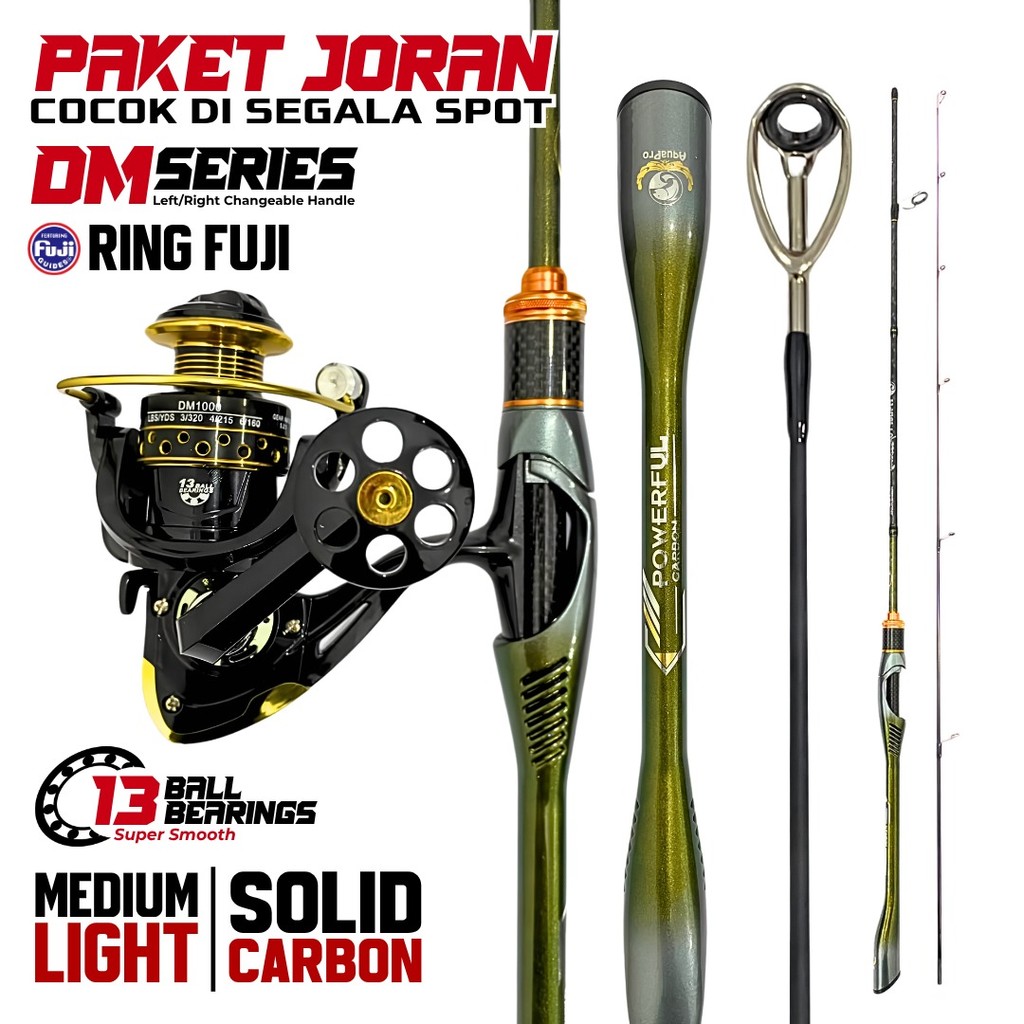 Paket Joran Pancing Spinning Solid Carbon + Reel DM1000 Fuji Guide Monocoque Carbon Grip Medium Ligh