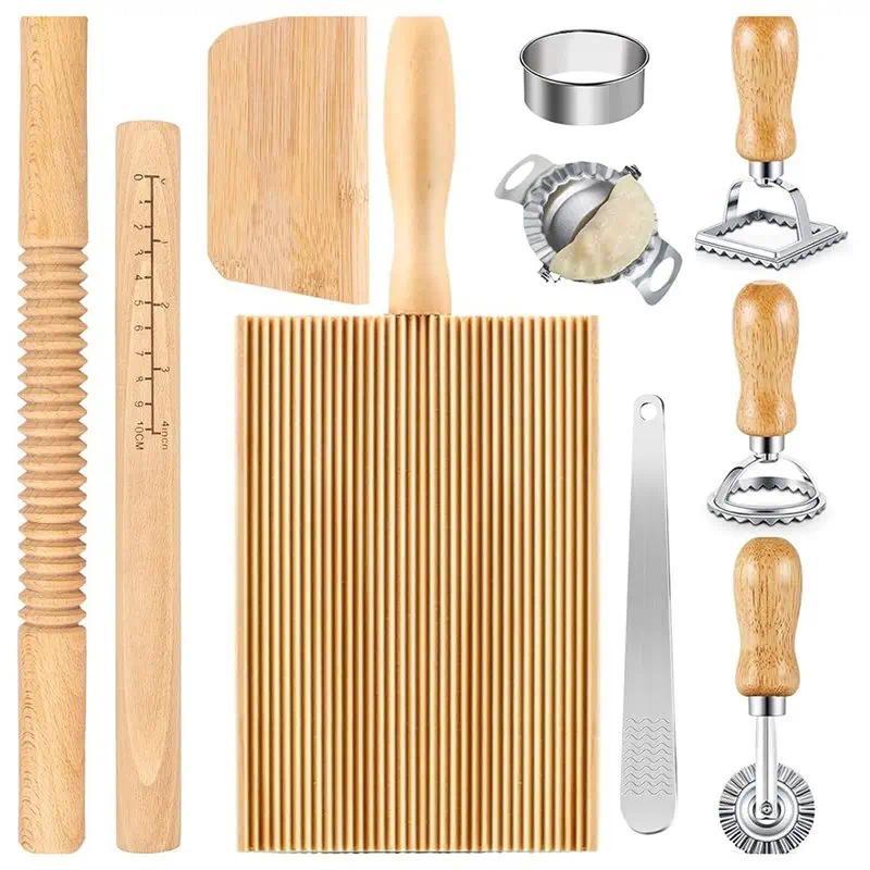 AT43-10Piece/Set Pasta Making Set: Wooden Rolling Pins, Gnocchi Board, Dumpling Maker, And More