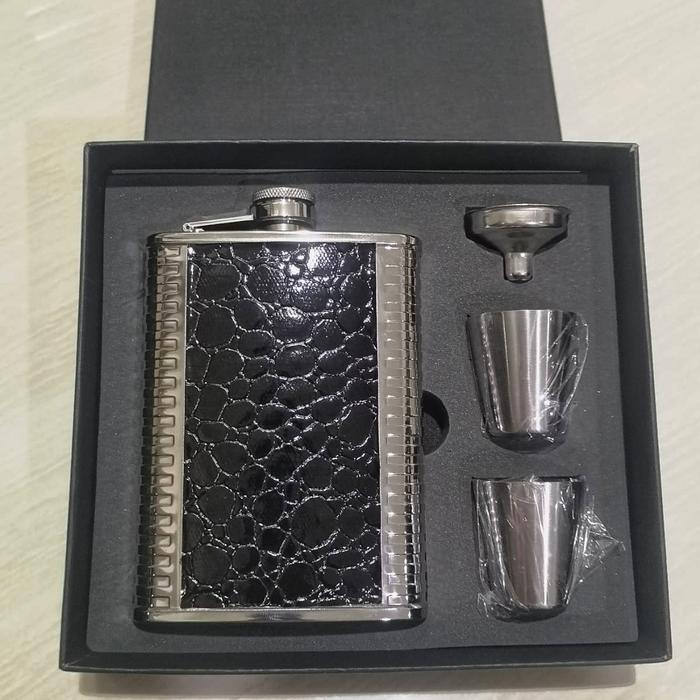 e oo Botol Wine Whisky Hip Flask Stainless Steel - Crocodile Hitamterbaikk