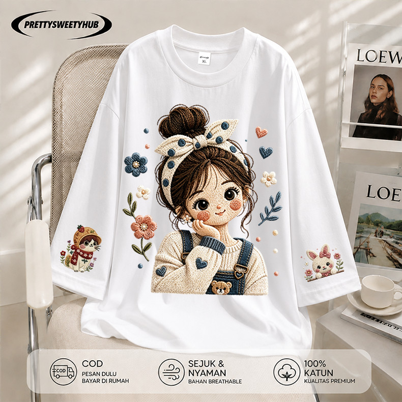 Pretty Sweety Hub - Kaos Wanita Oversize Lengan 7/8 Motif Cute Girl & Bunny Korean Style Cotton Prem