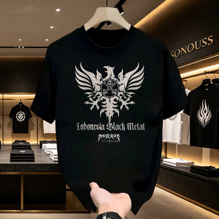 Kaos Band Indonesia Black Metal Pria, T-shirt Unisex Motif Gothic Eagle Tengkorak, Kaos Distro Gaya 