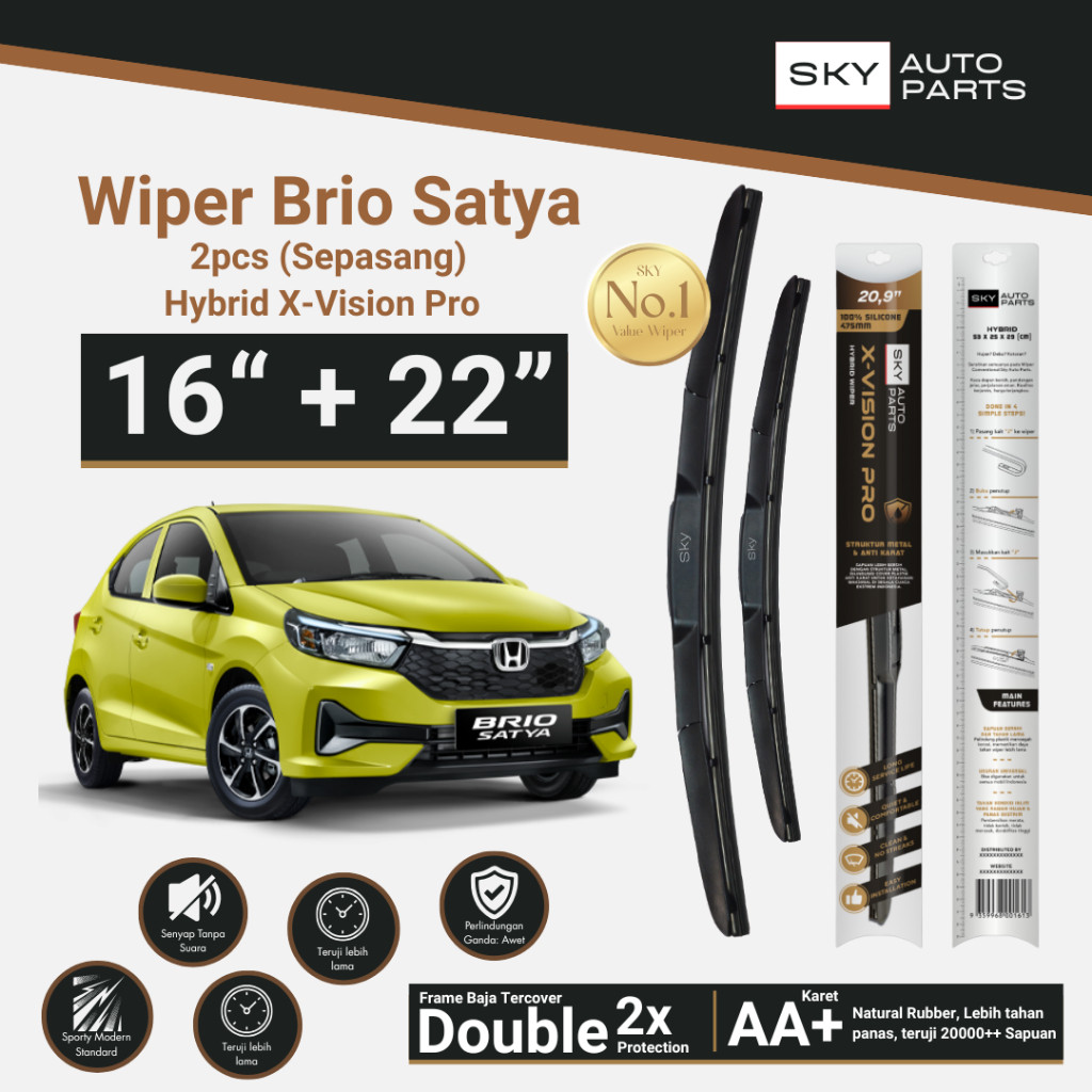 SKY Sepasang Hybrid Wiper Kaca Mobil Brio Satya 16 + 22 Inci - Hybrid X-Vision Pro