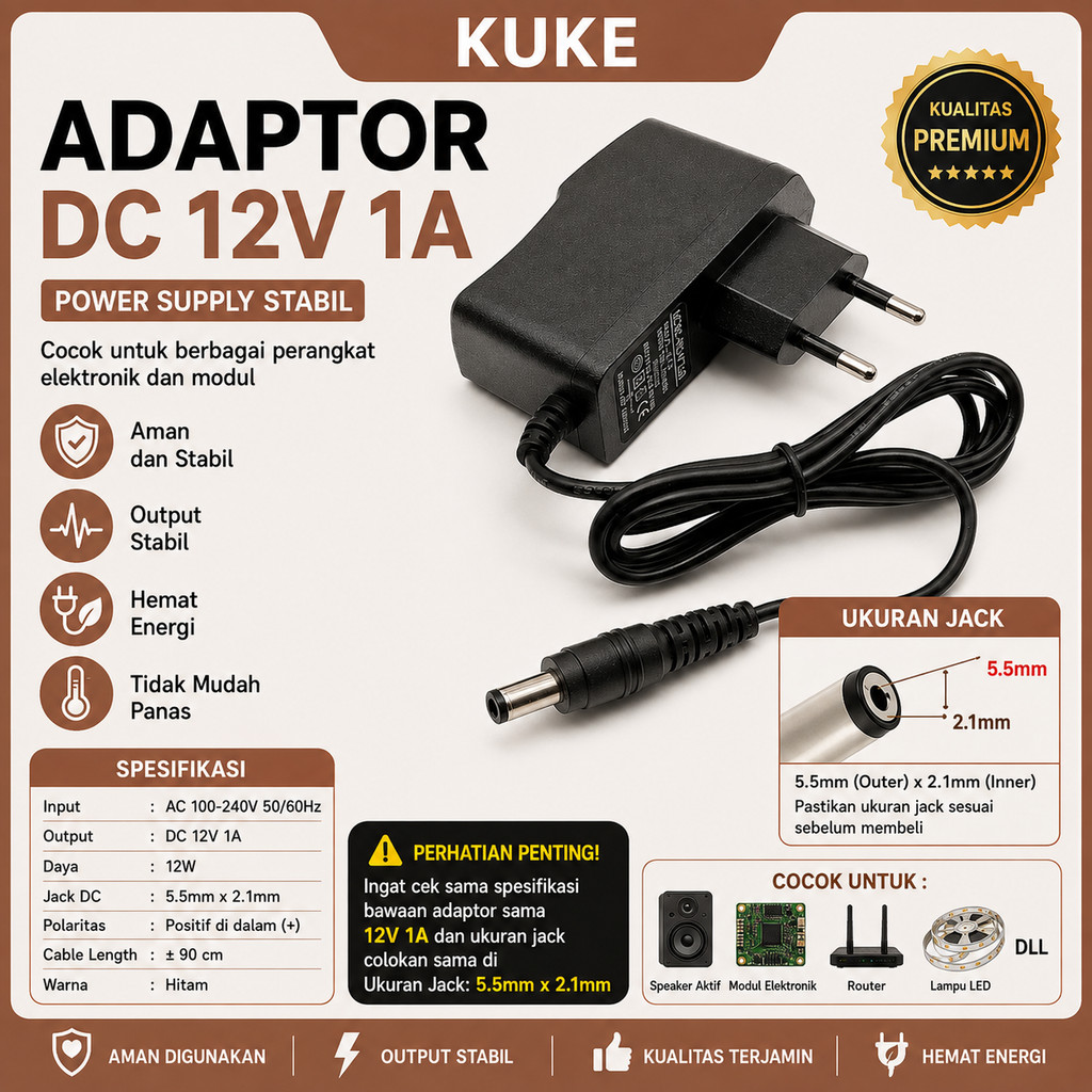 Adaptor 12V 1A DC Power Supply Jack 5.5mm x 2.1mm untuk Modul Elektronik Speaker LED Router
