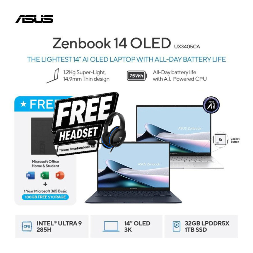 ASUS ZENBOOK 14 OLED Touch Screen UX3405CA Intel Ultra 9 285H - Ram 32GB 1TB SSD Windows 11 Home + O