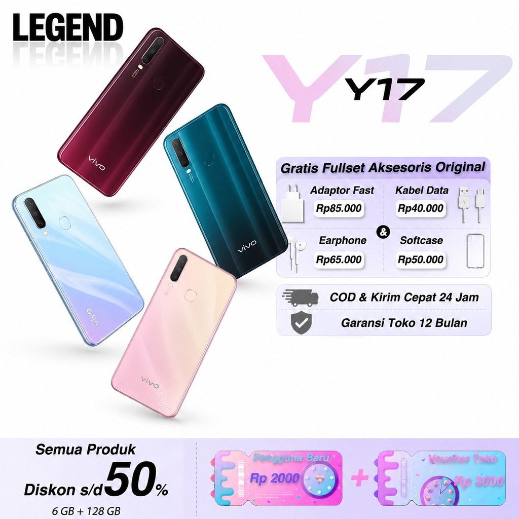 vivo Y17 8/256GB 4G Dual SIM Tiga Kamera AI Baterai Awet Handphone Second Murah Garansi Toko Bagus