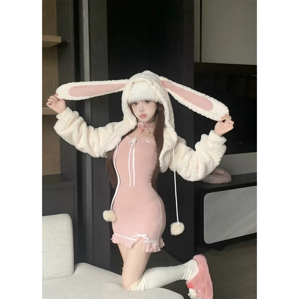 Crunchy Brulee Setelan Wanita Bunny Ear Fuzzy Knit Crop Jacket Cami Dress Soft Girl Y2K