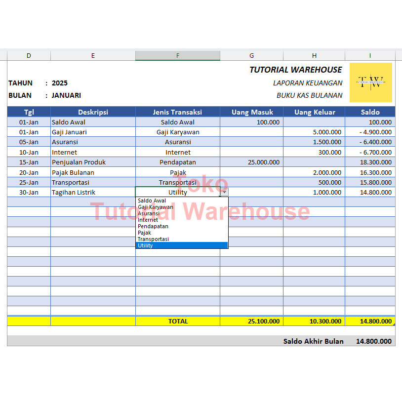 Template Excel GSheets Laporan Keuangan Buku Kas Bulanan