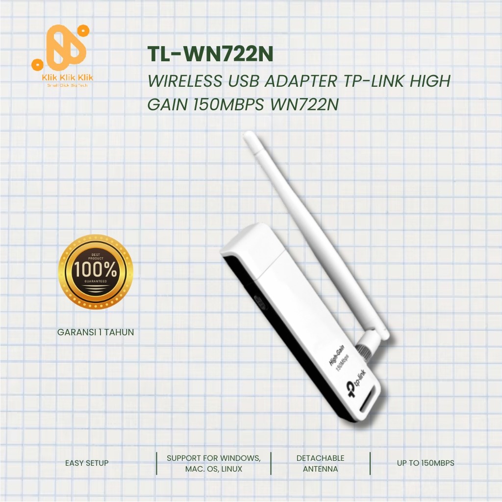 TP Link TL-WN722N USB WiFi Adapter 150 Mbps, antena eksternal 4dBi, untuk PC dan Laptop