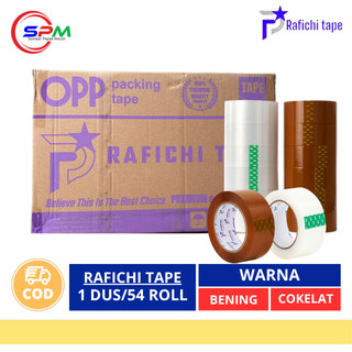 Rafichi Lakban Packing 1 Karton isi 54 Roll/Pcs Ukuran 45mm x 200yard Warna Bening Dan Coklat Tebal 