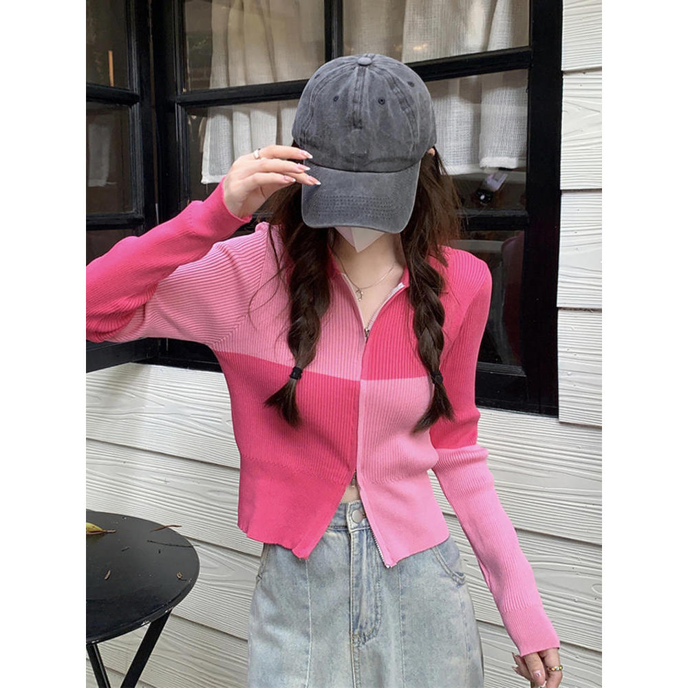 Jaket Sweater Prancis Wanita Pendek Rajut Pink Serbaguna