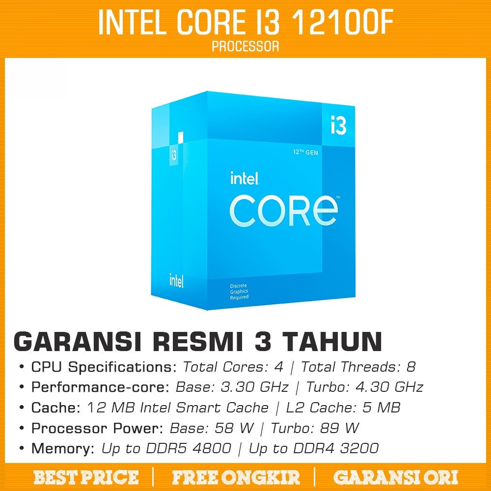 Intel Core i3 12100F Box | 4.3Ghz 4C 8T | GEN 12th LGA1700 Alder Lake