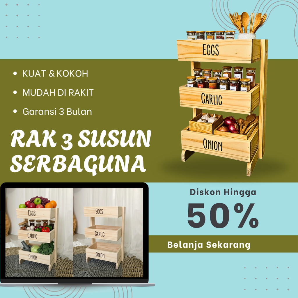 Rak bawang kayu 3 susun / Rak dapur / Rak kosmetik/ Rak perkakas/ Rak bawang
