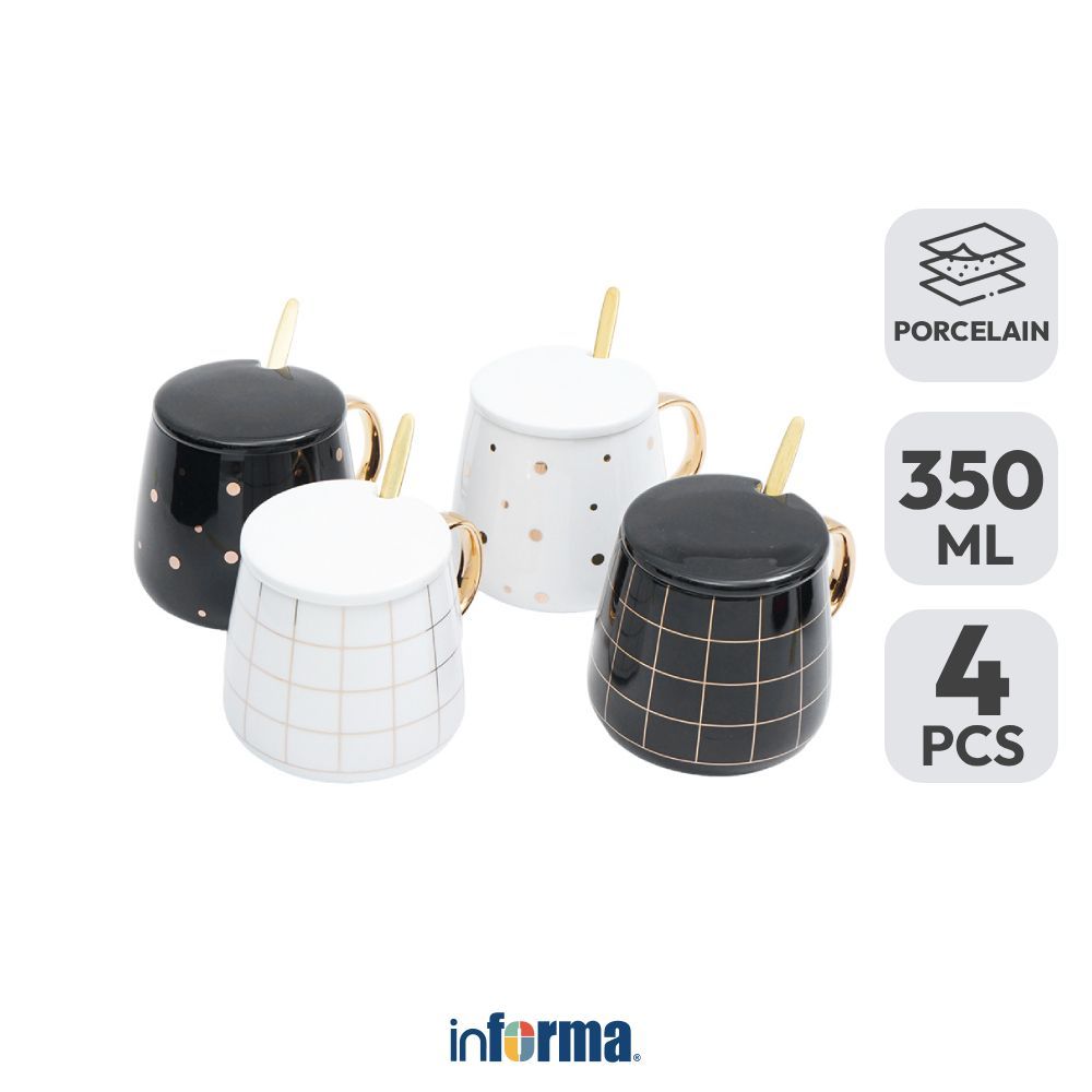 Informa Appetite Akiho Mug Porcelain 350 ml Set 4 Pcs - Hitam/Putih Gelas Minum Tea Cangkir Kopi Wad