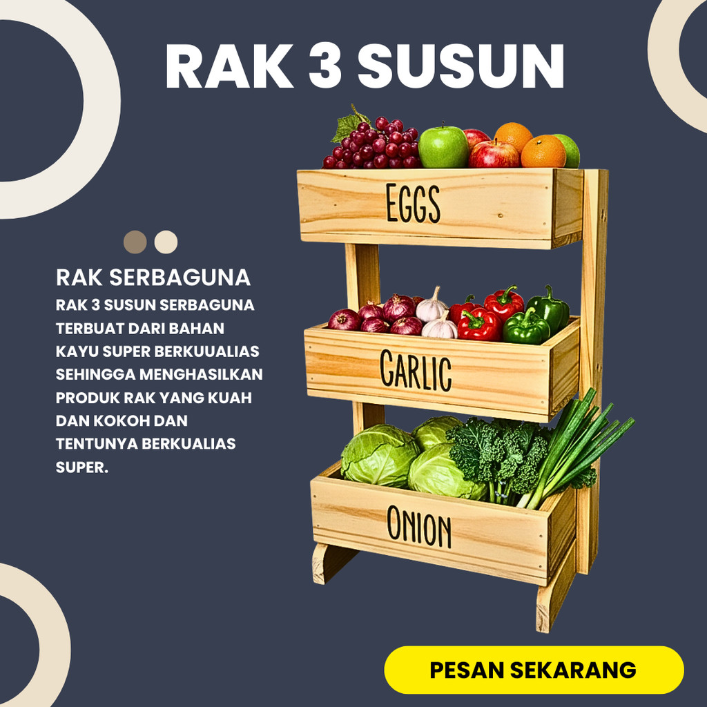 Rak Bawang Kayu 3 Susun / Rak Bumbu Serbaguna