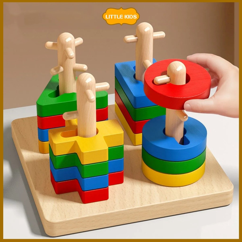Hot Product Little Kids Mainan Puzzle Kayu Geometris 5 Kolom Balok Susun Edukasi Anak Belajar Bentuk
