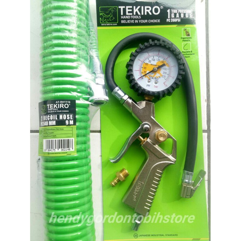 TEKIRO Selang 9m paket isi angin kompresor Selang recoil 9m dan Tire pressure gauge inplator angin