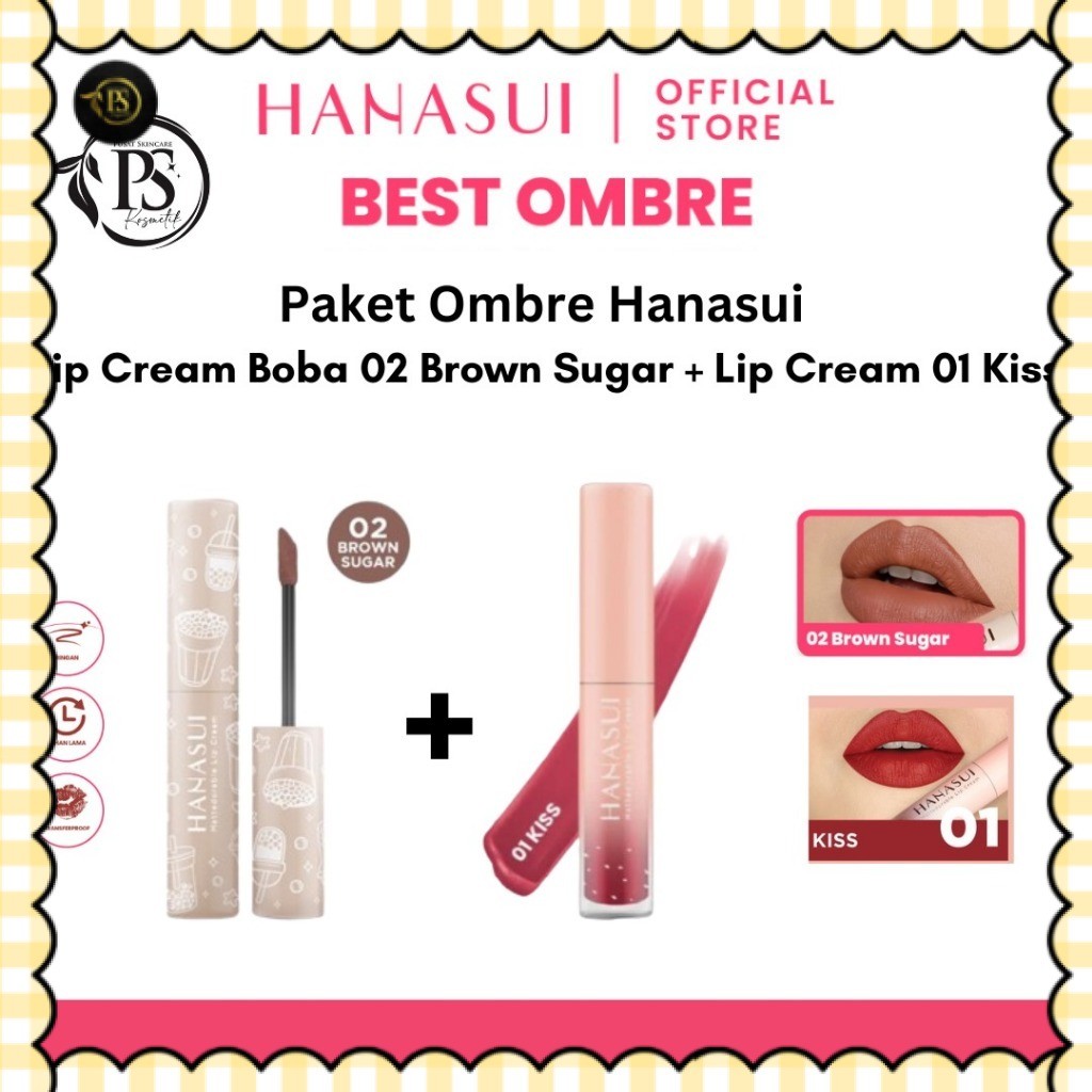 Paket Ombre Hanasui Lip Cream Boba 02 Brown Sugar dan 01 Kiss | Ombre Lip Cream