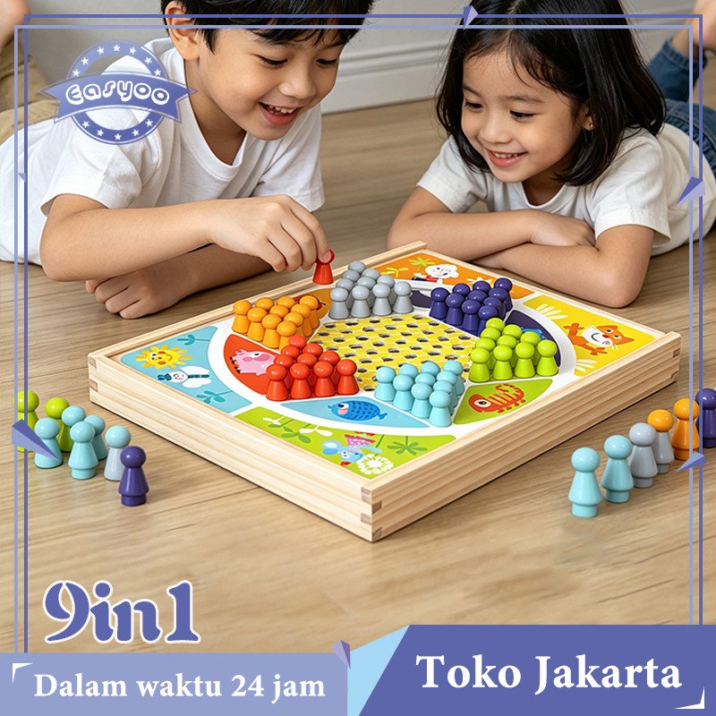 HYAKABA - Mainan Edukasi 9in1 Board Game Ludo Ular Tangga Checkers Family Board Game Kayu untuk