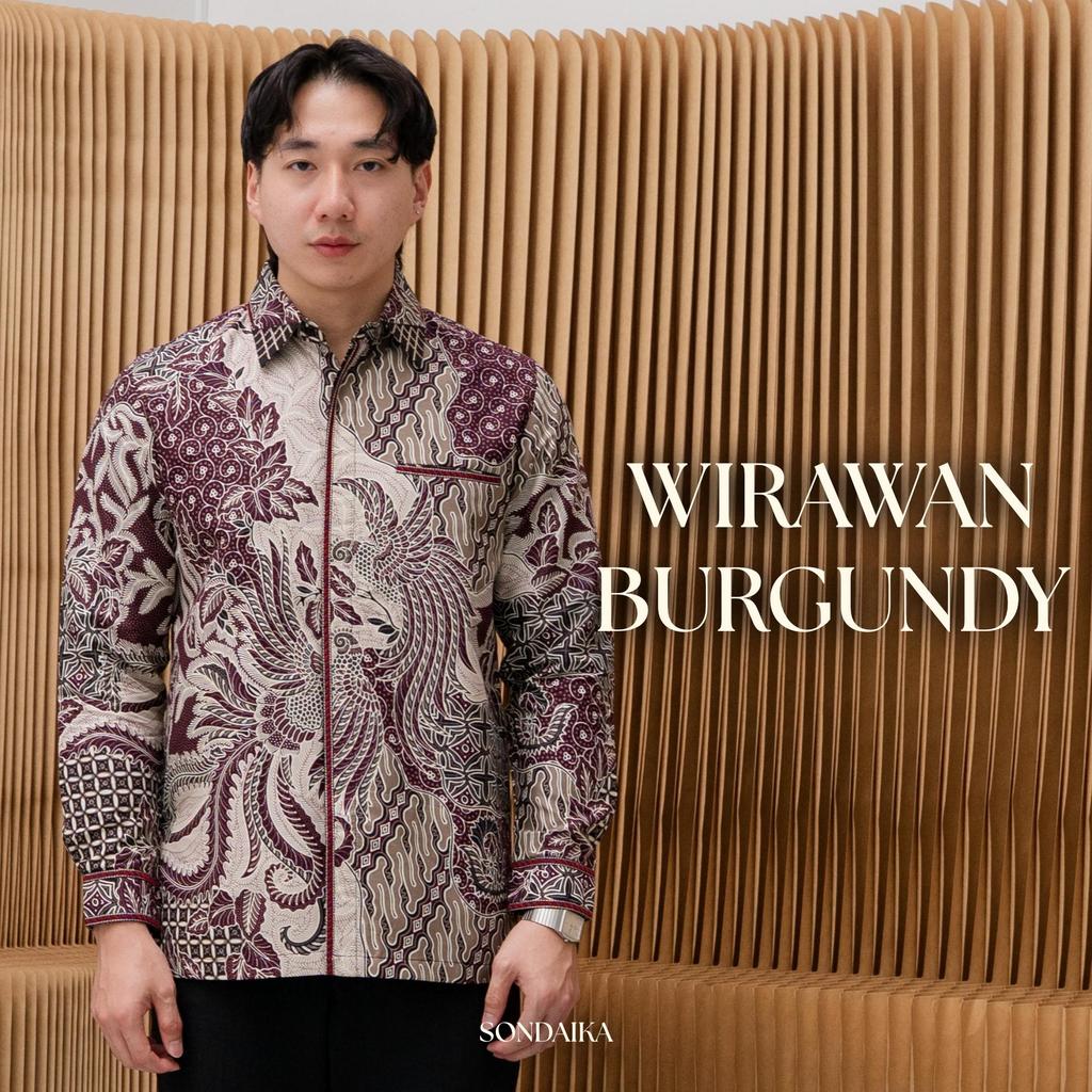 Sondaika Batik Wirawan Burgundy Kemeja Batik Katun Smock Bordir Pria Slimfit Lengan Panjang