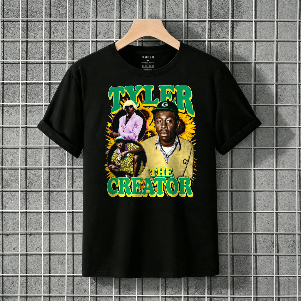 Kaos Pria T Shirt Oversize Kaos Korea Dengan Desain Kolase Tiga Potret Pria Bunga Matahari Dan Tulis