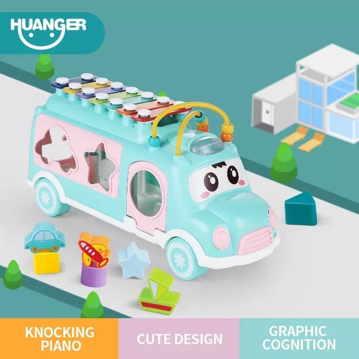 Mainan Baby Bus Music Shape Sorting Puzzle Xylophone Musik Mobil
