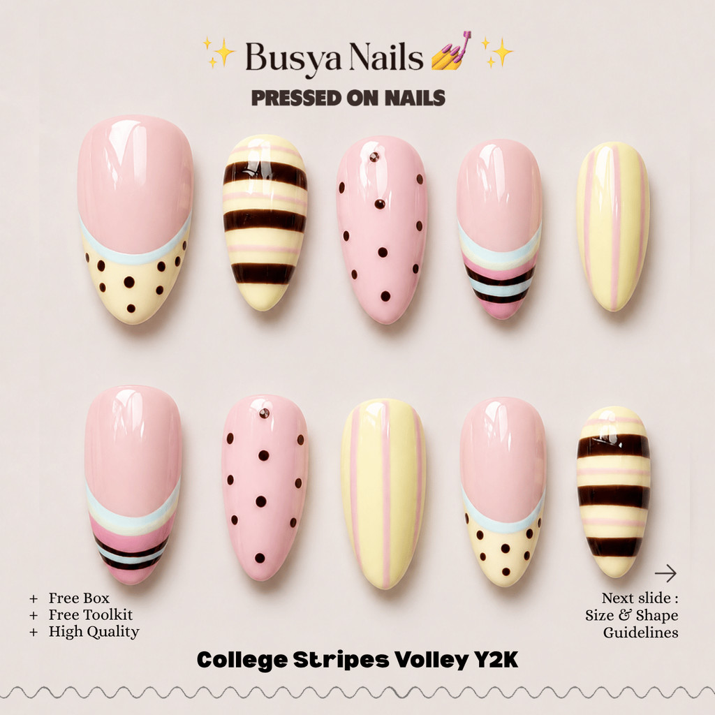 Busya Nails - College Stripes Volley Y2K Pressed On Nails Kuku Palsu Free Tools