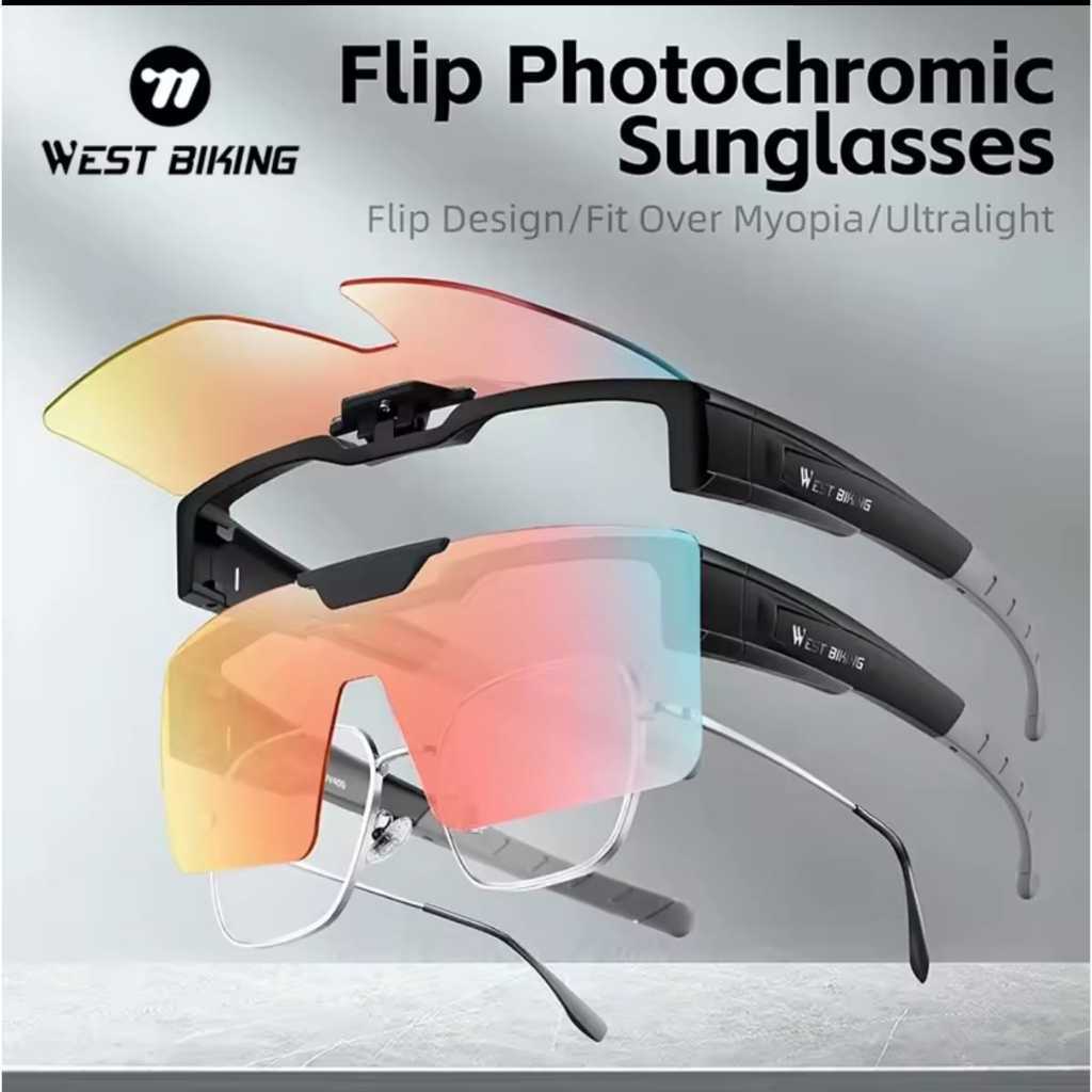 Foto West Biking Photochromic Miopi Cycling Glasses Kacamata Sepeda Minus Flip Design Sunglasses Road Bike MTB Outdoor Sport