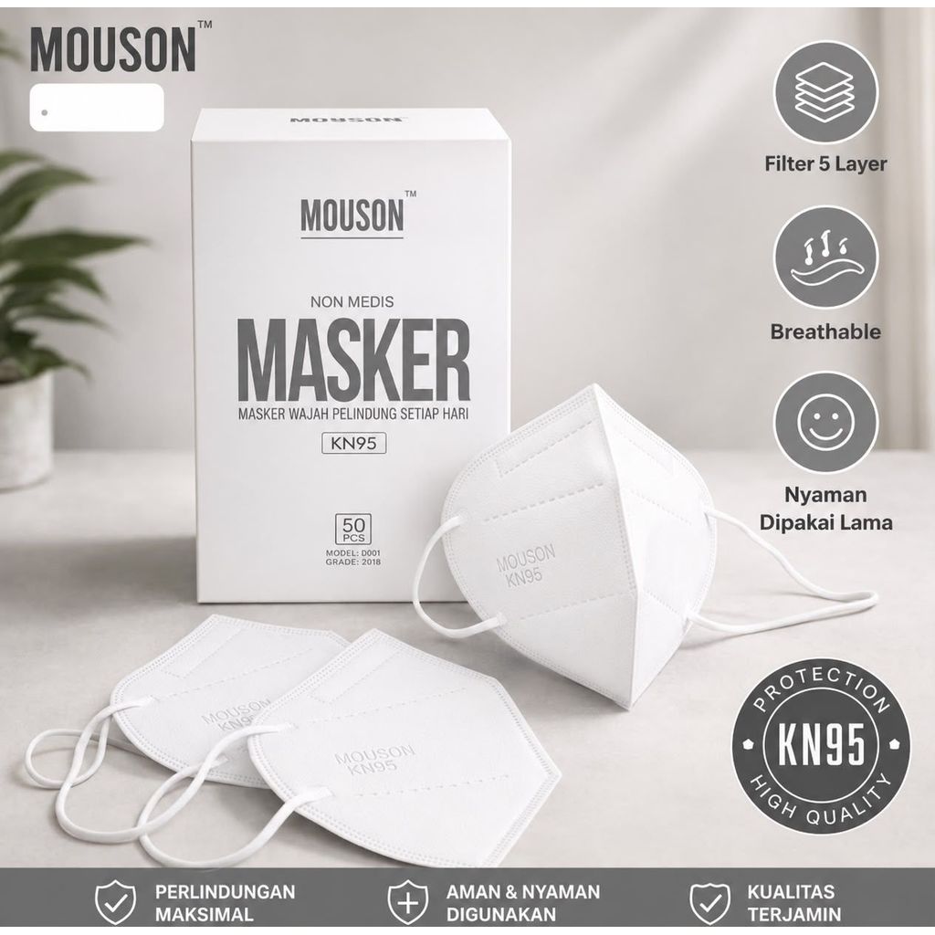 Masker KN95 Mouson Putih isi 50pcs / Masker 5ply KN95 Premium Tebal Original