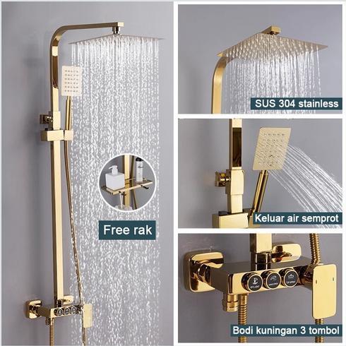 Set Shower Kamar Mandi 3 in 1 4 Tombol Shower Hot Cold Kuningan Gold dengan Hand Shower
