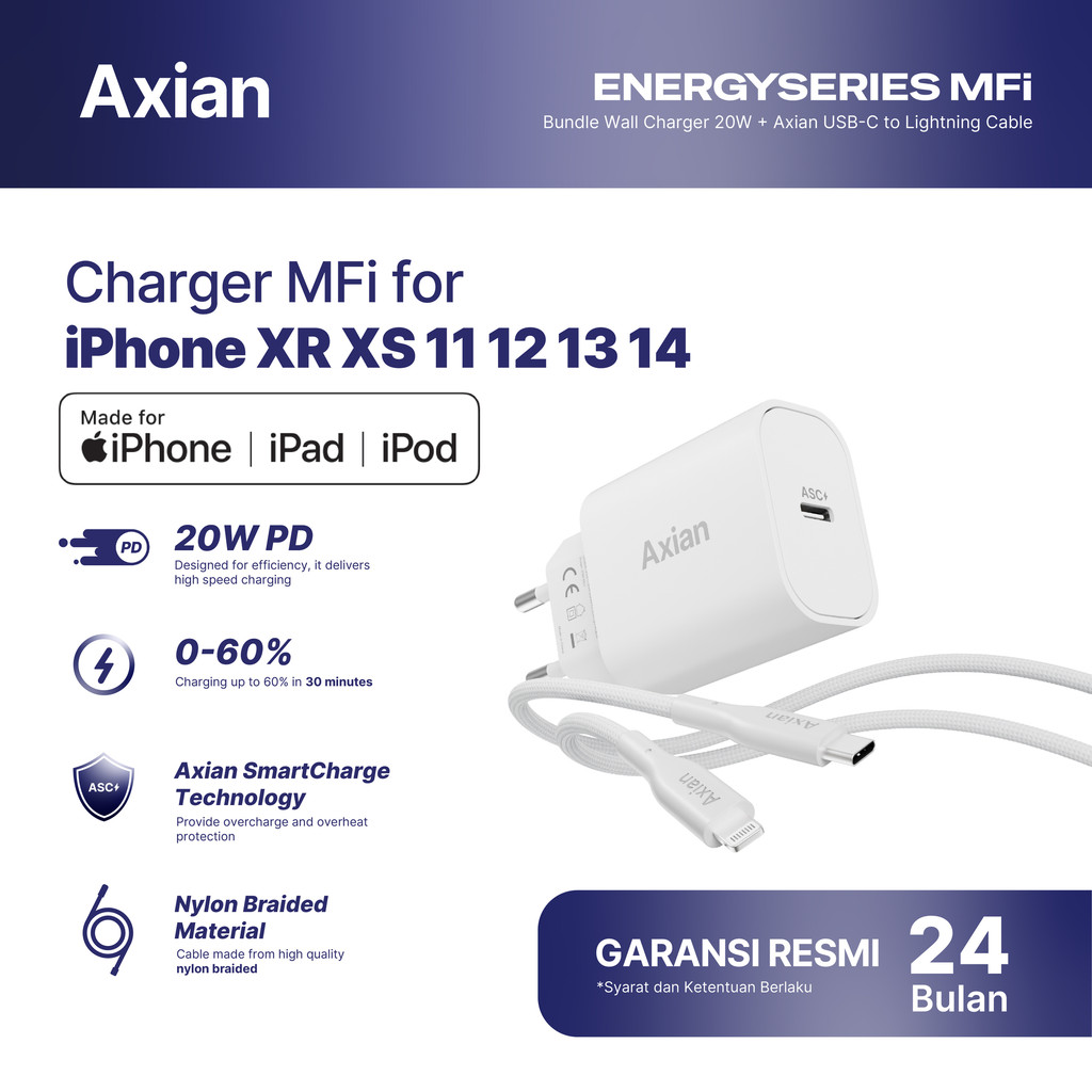AXIAN Charger MFi iPhone 11 12 13 14 20W 30W GaN Type C to Lightning Bundle Adaptor Kabel