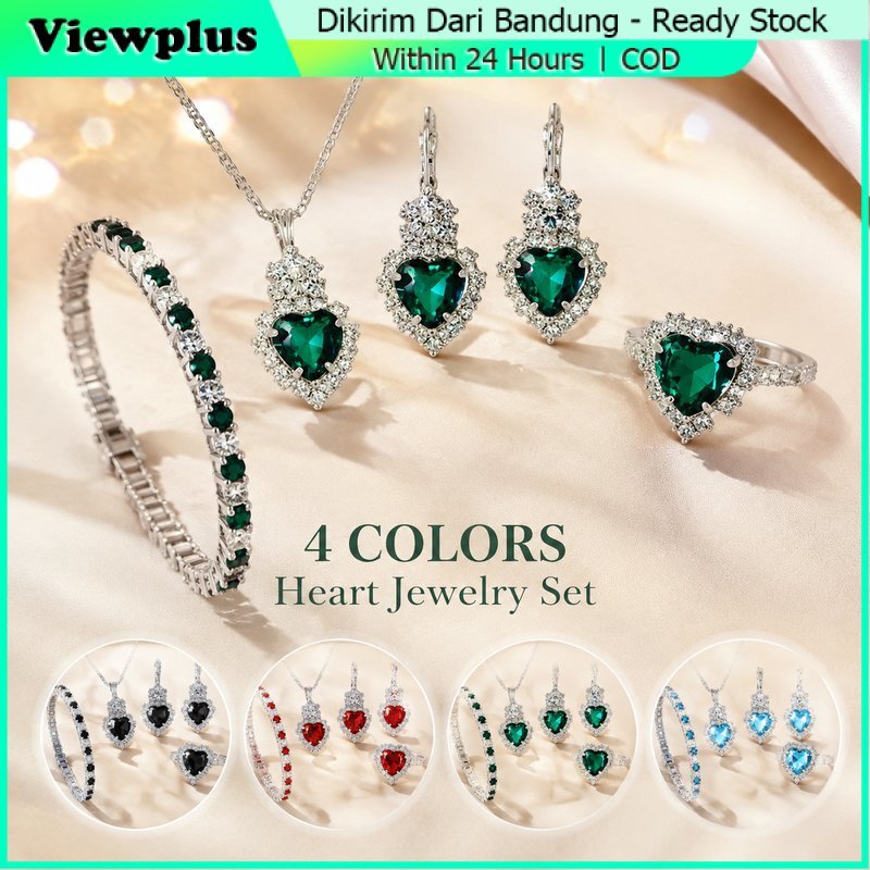 Anting Kalung Cincin Gelang Set Ruby Red Blue Pernikahan Elegant 5pcs Set Titanium Permata Hijau Mer